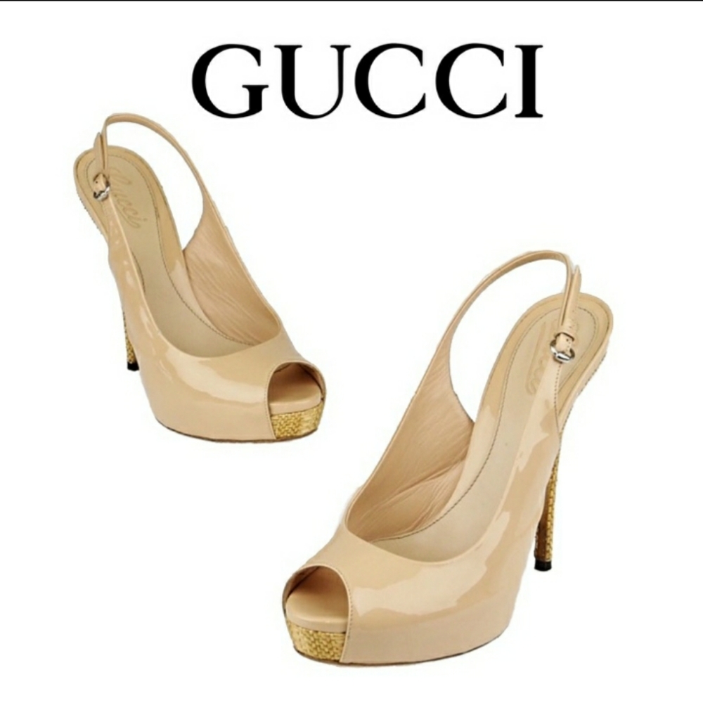 Gucci Patent Leather Nude Straw Woven Heels